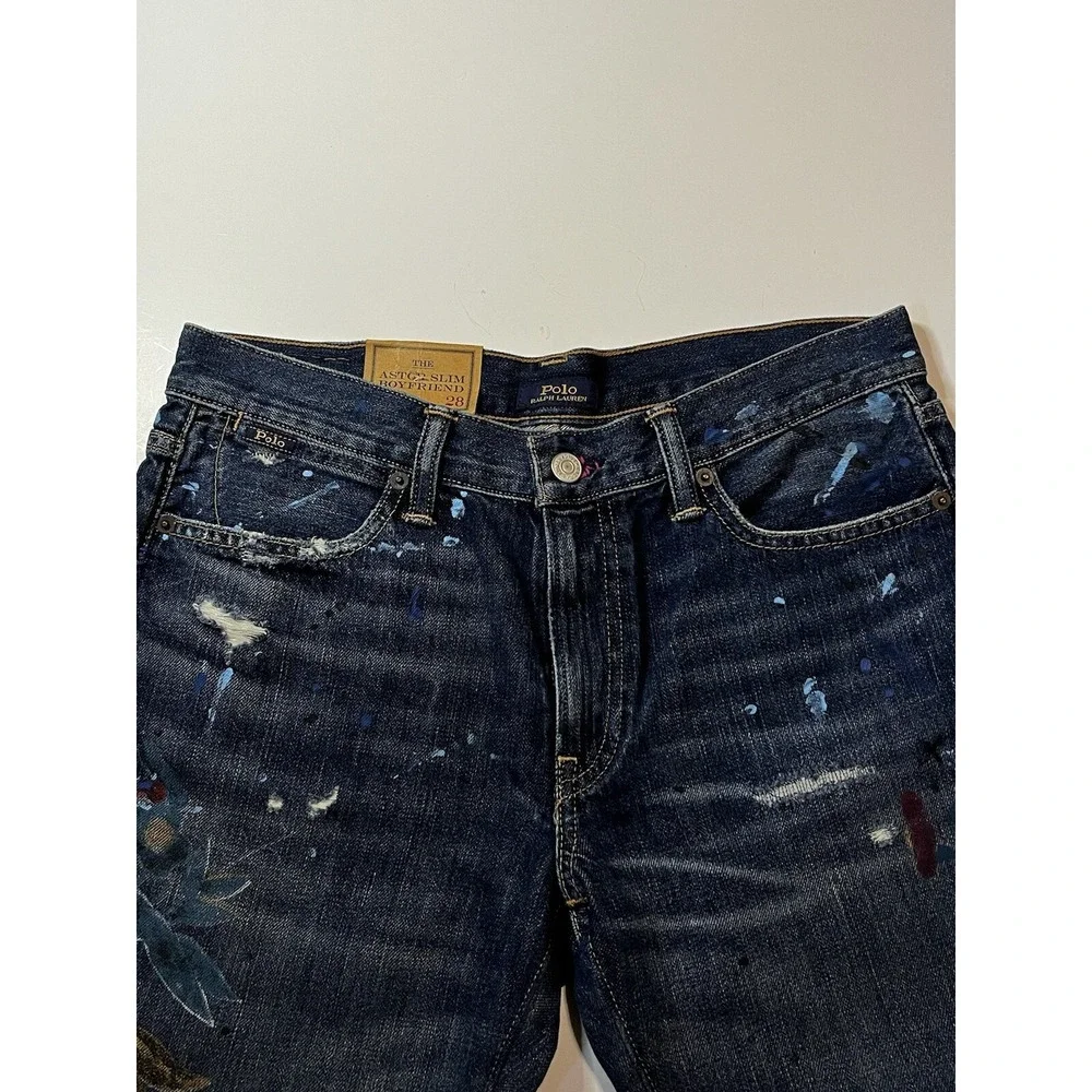 Polo Ralph Lauren Astor Slim Boyfriend Jeans Womens Size 28 Blue Crane Motif NWT - Picture 4 of 11